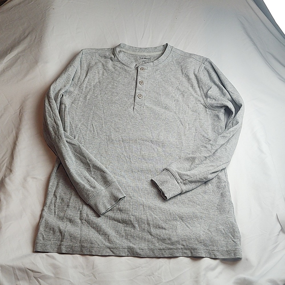 L.L. Bean Henley Shirt Waffle Knit Heather Gray Men's Size Large Tall